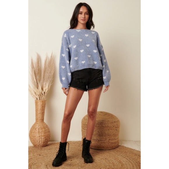 SOLD OUT Dusty Blue Heart Print Valentines Day Knit Drop Shoulder Knit Sweater - Picture 4 of 5